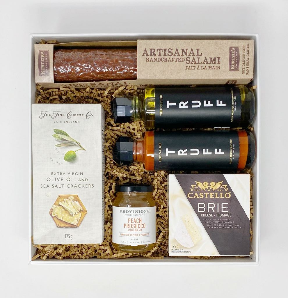 Always Gourmet Gift Box - The Fine Cheese Co. ~ Olive Oil &amp; Sea Salt Crackers  Provisions Food Company ~ Peach &amp; Prosecco Jam  Kurtzies ~ Artisanal Handcrafted Salami  Truff ~ Hot Sauce  Truff ~ Truffle Oil  Castelo ~ Brie Cheese