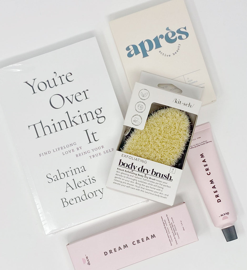 Apres Beauty Lift + Restore Collagen Eye Masks, Thought Catalog You're Overthinking It Book, Kitsch Body Dry Brush, Deew Dream Cream. *In a reusable magnetic keepsake box made from recycled materials.