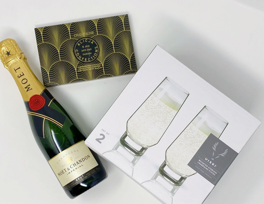 Cheers! Gift Box contents - Moet &amp; Chandon Champagne 375ml  Alicja Confections ~ Champagne Chocolate  Viski ~ Weighted Stemless Champagne Flutes (set of 2)