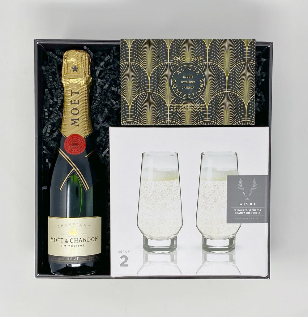 Cheers! Gift Box - Moet &amp; Chandon Champagne 375ml  Alicja Confections ~ Champagne Chocolate  Viski ~ Weighted Stemless Champagne Flutes (set of 2)