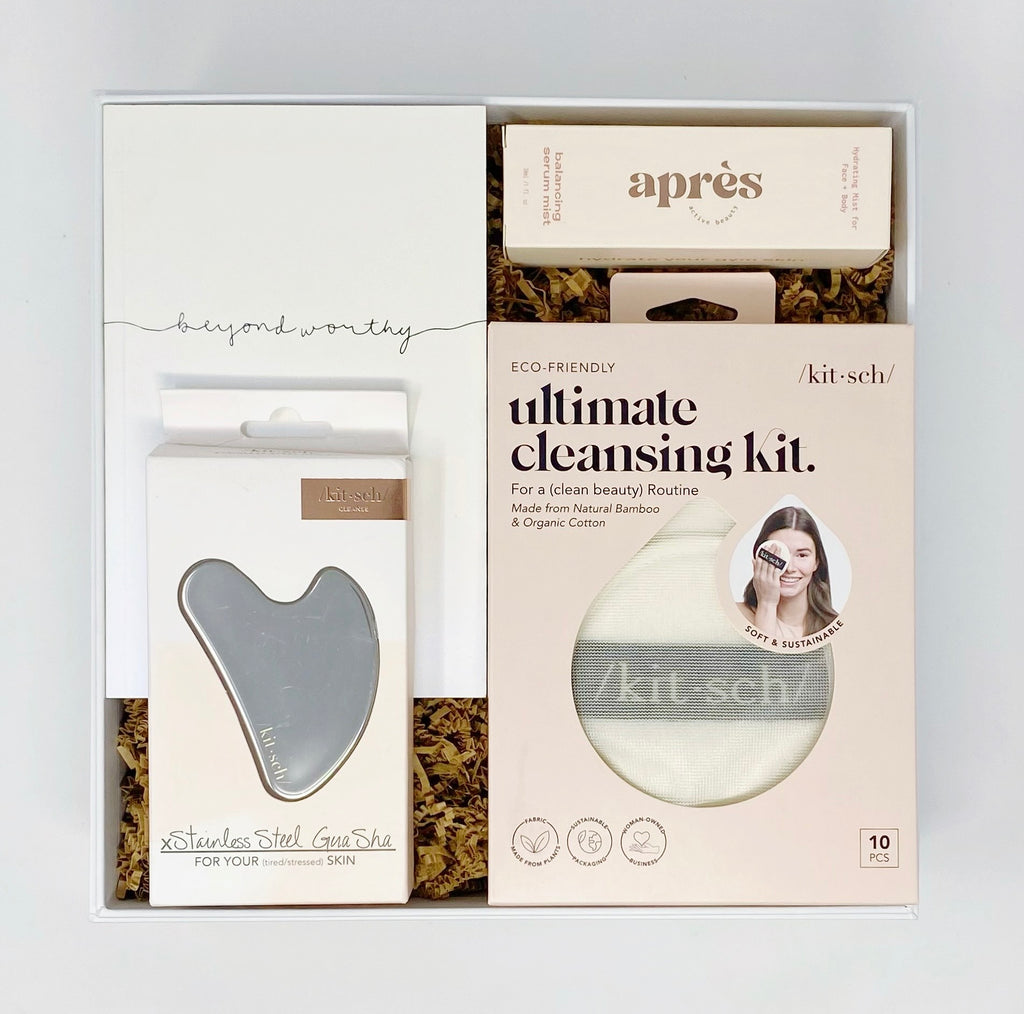 Gift box containing Thought Catalog's 'Beyond Worthy' book, Apres Beauty Hydrating Mist for Face & Body, Kitsch Stainless Steel Gua Sha, Kitsch Eco-Friendly Ultimate Cleansing Kit. *In a reusable magnetic keepsake box made from recycled materials.