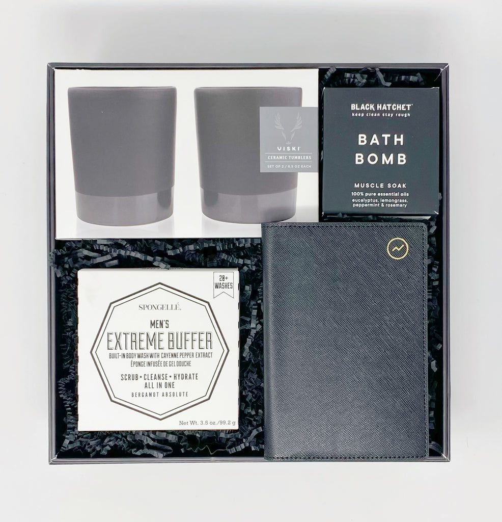Gift Box with Viski ~ Ceramic Tumblers set of 2, Black Hatchet Bath Bomb, Moxon Travel Wallet & Spongelle Men's Extreme Buffer