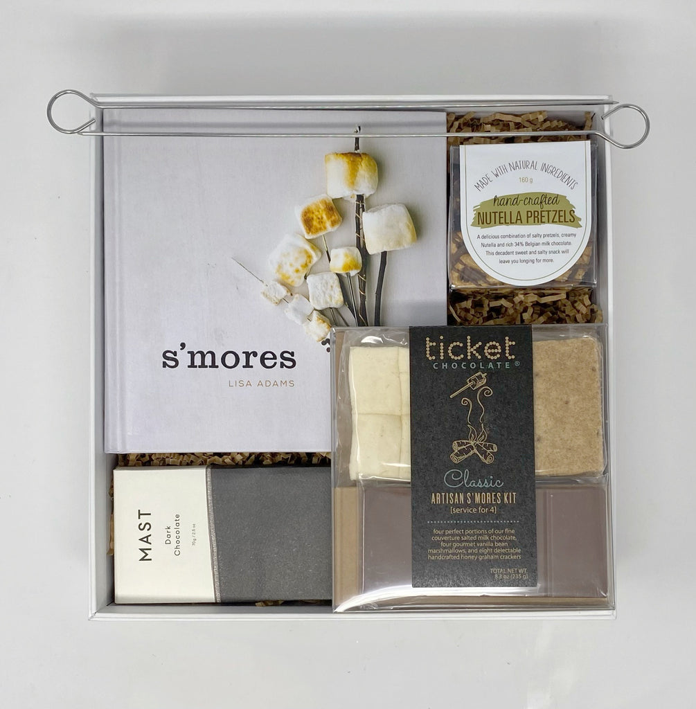 Gimmie S'more Gift Box - S'Mores ~ Hardcover Book by Lisa Adams  Ticket Chocolate ~ Artisan S'Mores Kit  Mast ~ Dark Chocolate Bar  Succulent Chocolates ~ Nutella Preztels  Stainless Steel ~ S'Mores Sticks (Set of 2)
