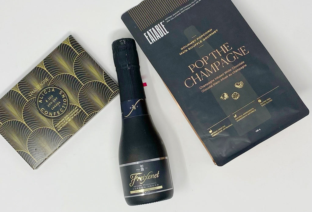 Pop The Champagne Gift Box contents, Freixenet champagne, Alicja Confections Champagne Chocolate Bar & Eatable Pop The Champagne Popcorn