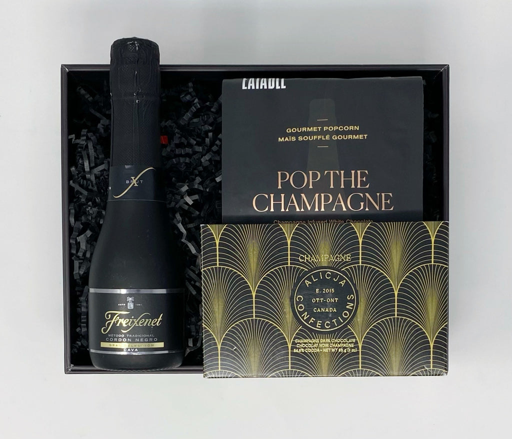 Pop The Champagne Gift Box, Freixenet champagne, Alicja Confections Champagne Chocolate Bar & Eatable Pop The Champagne Popcorn