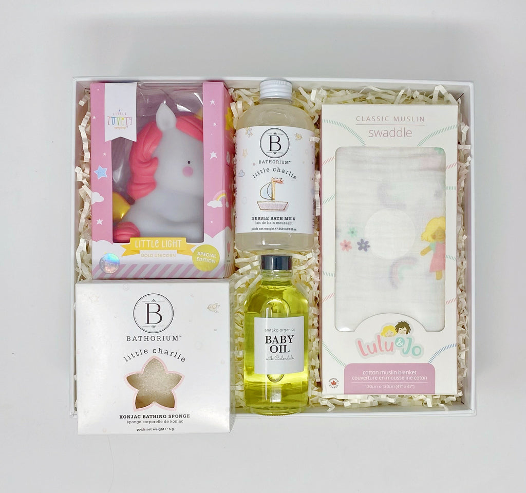 Sweet Dreams Gift Box - A Little Lovely Company ~ Unicorn Nightlight&nbsp;  Bathorium ~ Bubble Bath Milk  Anitako Organics ~ Baby Oil  Bathorium ~ Konjac Bathing Sponge  Lulujo ~Cotton Muslin Swaddle Blanket