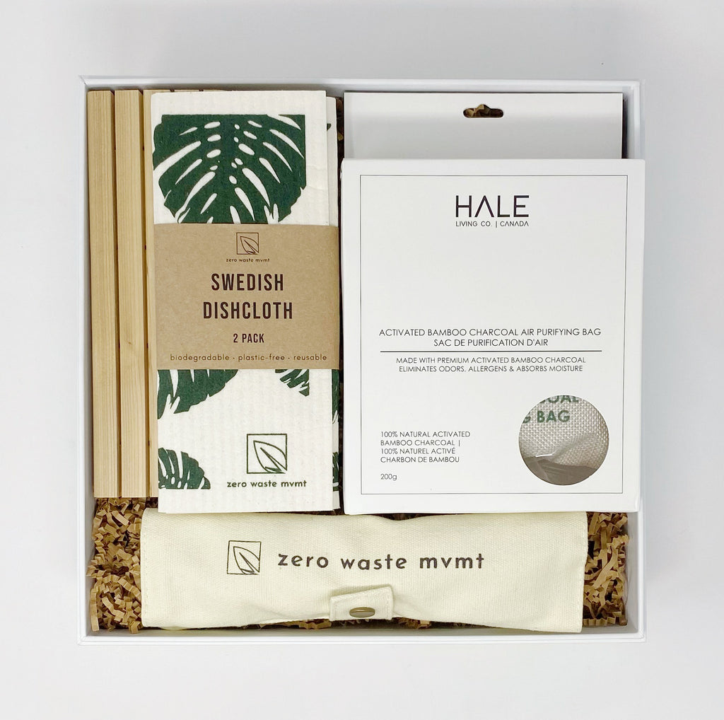 Gift Box with Hale living Co Bamboo Charcoal Air Purifying Bag, Zero Waste MVMT Bamboo Travel Cutlery Set, Zero Waste MVMT Swedish Dishcloth, Cedar Soap Dish