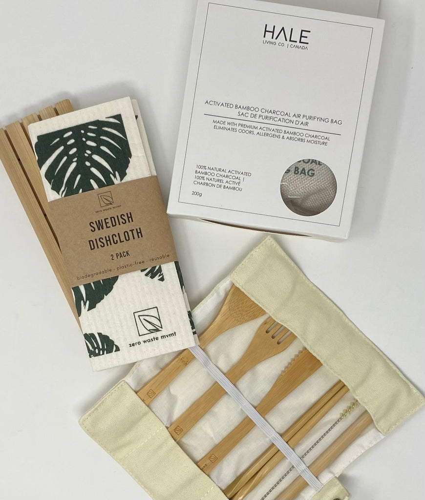 Contents of Gift Box - Hale living Co Bamboo Charcoal Air Purifying Bag, Zero Waste MVMT Bamboo Travel Cutlery Set, Zero Waste MVMT Swedish Dishcloth, Cedar Soap Dish 